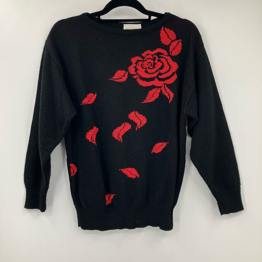 Vintage Carriage Court Black Red Metallic Rose Petal Knit Crew Neck Sweater Top